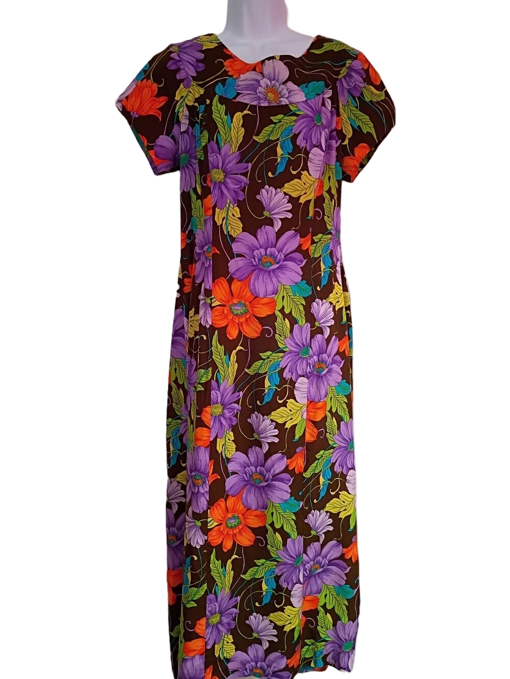 Made In Hawaii Floral Maxi Dress in Brown & Purple  Vintage 60's-70's